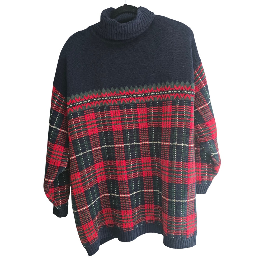Jacque and Koko Navy Blue Plaid Turtleneck Sweater Red Green Knit Pullover 3826
